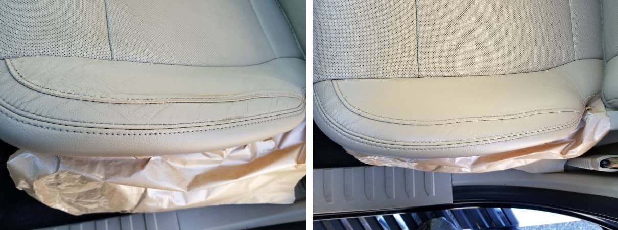 Cream colored leather car seat before and after restoration