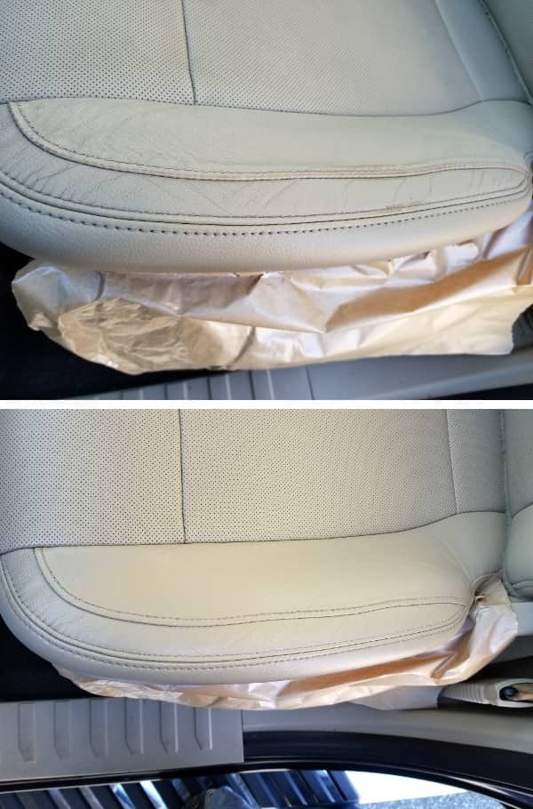 Cream colored leather car seat before and after restoration