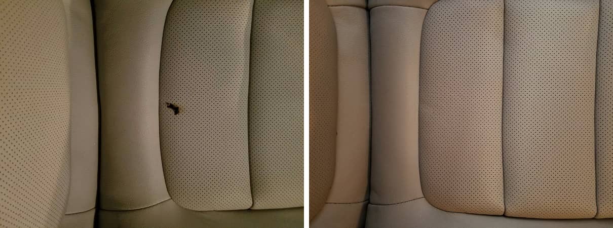 leather car seat with burn, before and after restoration