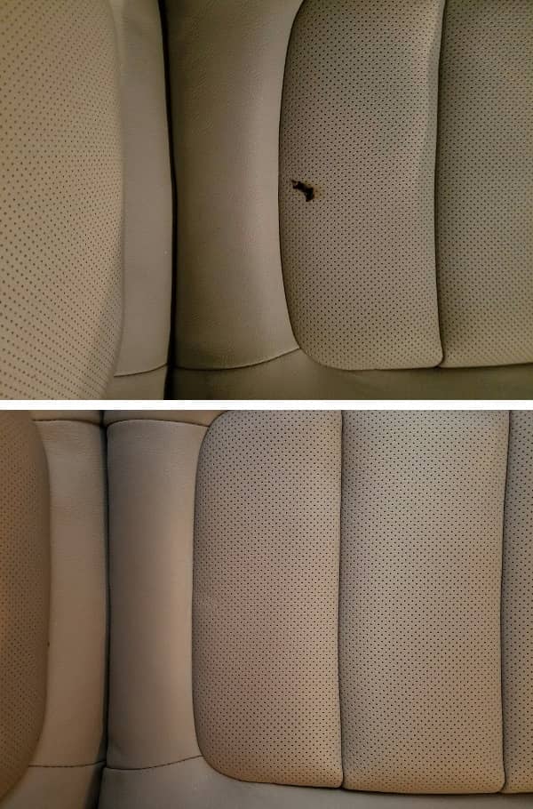 leather car seat with burn, before and after restoration
