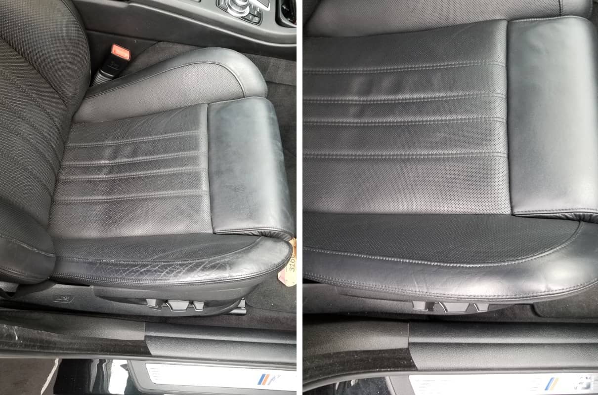 Black leather car seat before and after restoration